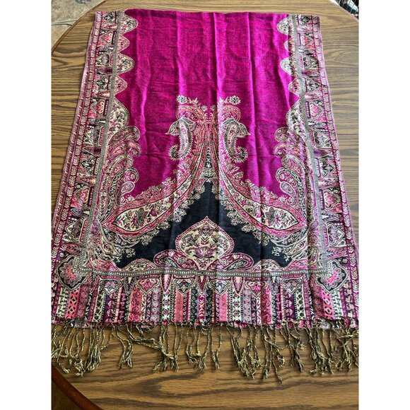 Pashmina pink tan black paisley blanket scarf with fringe 26”x78” - Picture 2 of 6